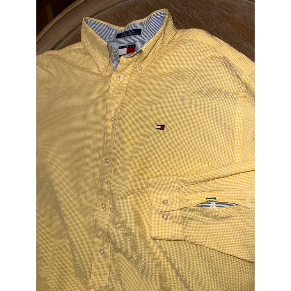 Tommy Hilfiger Mens Yellow Seersucker Gingham Button Down Shirt Large L Long Slv